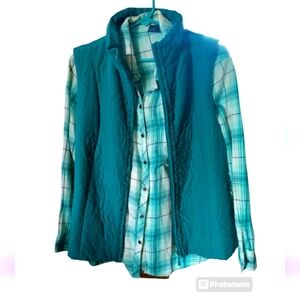 Faded Glory Plaid Shirt Light Flannel Aqua & Matching Dark Aqua Jenny Vest